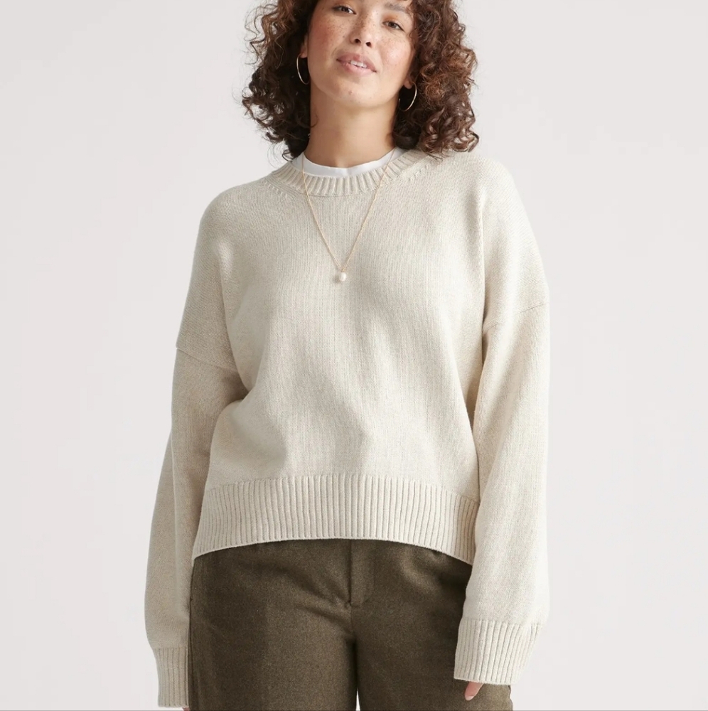 Quince Organic Boyfriend Crew Sweater Women's XS cream neutral fisherman